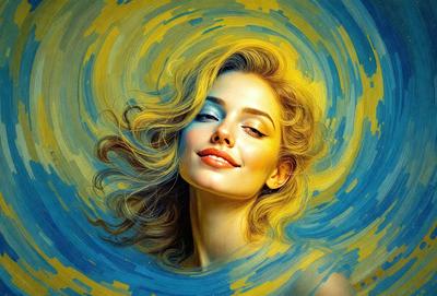 The primary subject of the image is a woman with blonde hair, who is smiling and looking at the camera. She is the main focus of the image. The setting is a colorful, swirling background that adds a vibrant and lively atmosphere to the scene. The visual style of the image is a combination of digital art and illustration, creating a unique and eye-catching appearance. The colors and mood of the image are predominantly warm and inviting, with the woman's smile and the sw